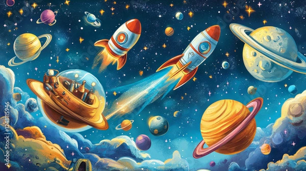 Fototapeta Spaceship posters with rockets flying above alien planet surface. Vector banners of spacecrafts with cartoon illustration of galaxy background with stars, planets and shuttles