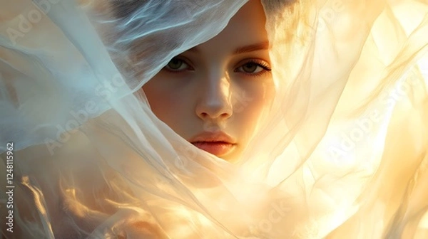 Fototapeta Womans face veiled in flowing sheer fabric