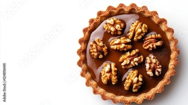 Fototapeta Maple walnut tart, detailed top view, golden brown crust with caramelized walnuts, elegant rustic style, high detail, isolated on white background