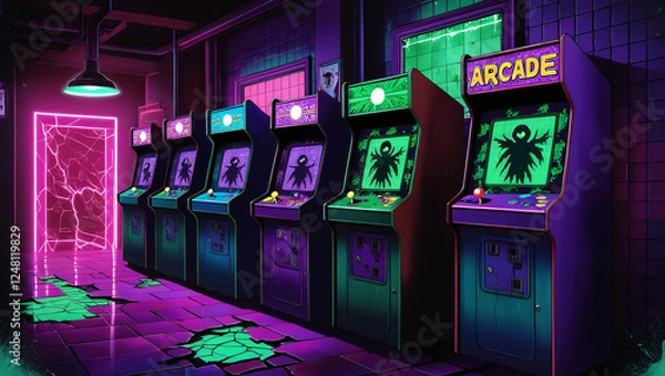 Obraz Retro Arcade Game Machines, Neon Colors