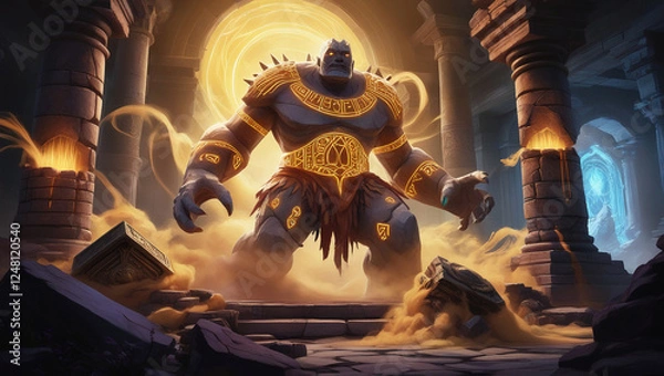 Obraz Guardian Statue, Fantasy Temple, Glowing Runes