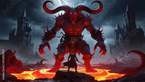 Obraz Demon Confronting Knight in Hellscape
