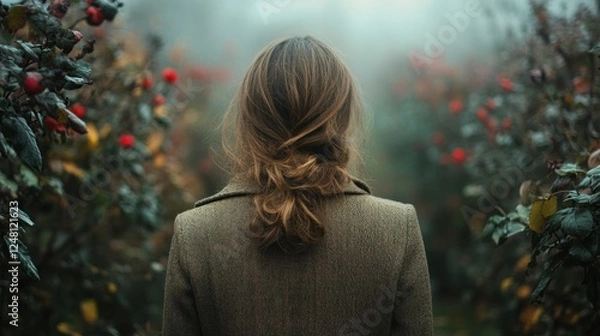 Obraz Solitude in an Autumnal Garden: A Woman's Peaceful Stroll Through Misty Rose Bushes