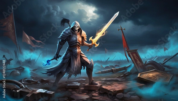 Obraz Skeletal Warrior with Flaming Sword, Battlefield Scene