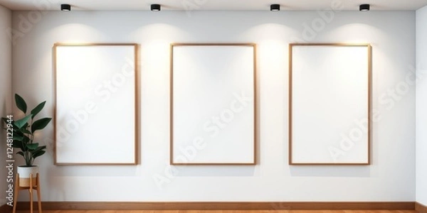Fototapeta Modern Minimalist Interior with Three Blank Frames and Potted Plant