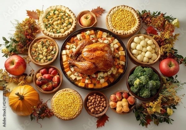 Fototapeta Festive Thanksgiving Feast Display with Roasted Turkey, Seasonal Vegetables, Side Dishes, Fruit, and Decorative Autumn Accents on a White Surface