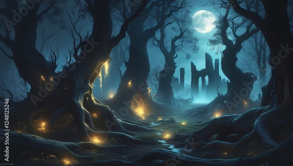Obraz Enchanted Forest at Night, Moonlight Scene