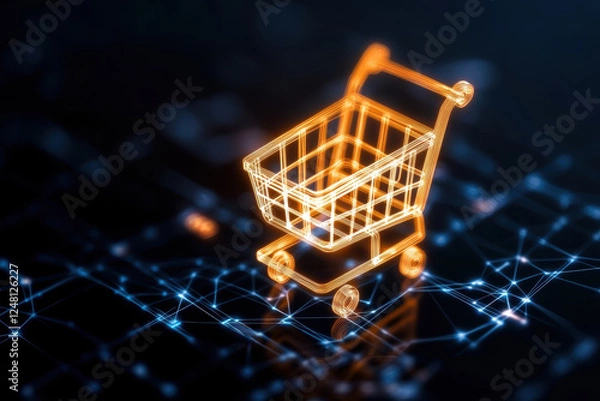 Fototapeta The transformation of e-commerce business in the digital age. Digital shopping cart symbol glowing in network background, representing online shopping