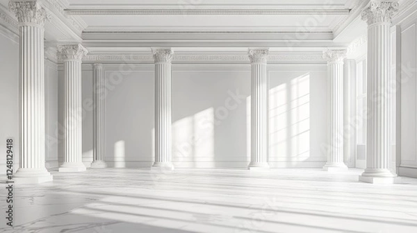 Fototapeta Minimalist Greek columns on a pure white background with clean lines, geometric precision, soft shadows for depth, sharp edges in high-quality rendering, perfect for professional use.