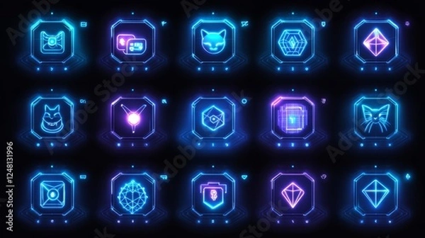 Fototapeta Futuristic Neon UI Game Icons Set Glowing Interface Design Elements