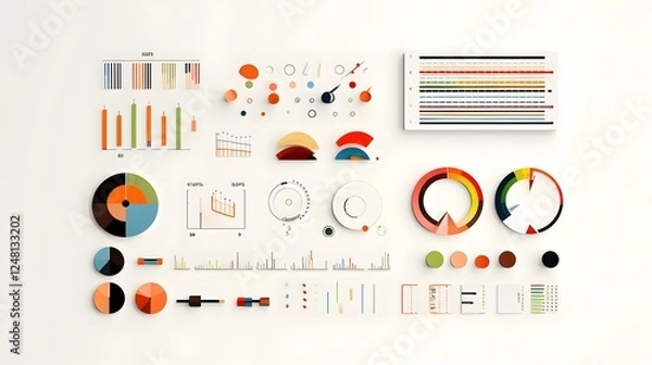 Obraz A collection of simple and minimalist business infographic icons such as pie charts bar graphs and line graphs neatly arranged and displayed on a clean white surface