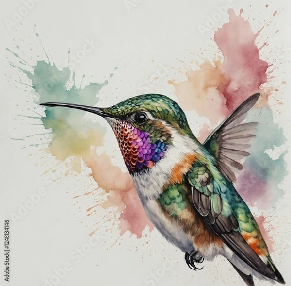 Obraz "An artistic watercolor-style painting of a hummingbird, with soft pastel shades blending beautifully on a simple white background."