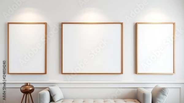 Fototapeta Elegant living room interior with three empty wooden frames above a plush couch
