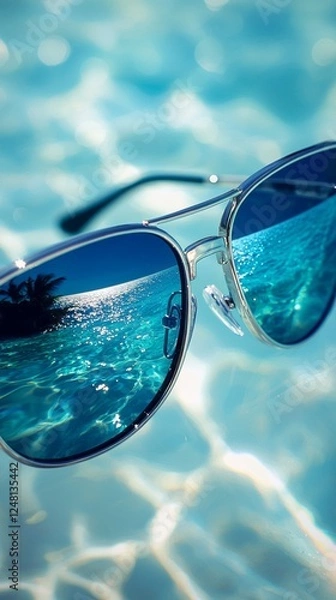 Fototapeta Sunglasses capture the vibrant reflection of a tranquil beach and crystal-clear sea, set against a pristine white backdrop. This artistic composition highlights the beauty of summer