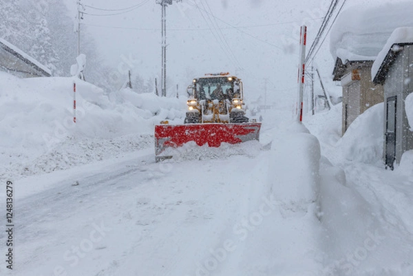 Fototapeta 道路の雪を押す除雪車