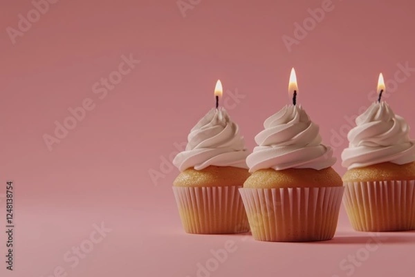 Fototapeta Delicious Cupcakes with Swirled Frosting and Candles on a Soft Pink Background