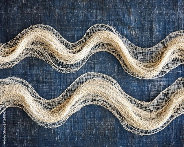 Fototapeta Organic twine fibers displayed in artistic wave forms on a textured navy background, suitable for creative design and DIY inspirations