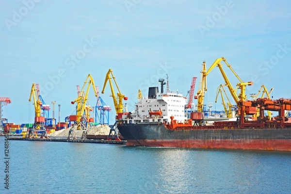 Fototapeta Bulk cargo ship under port crane