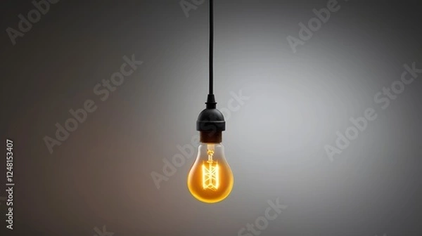 Fototapeta Warm Glowing Hanging Light Bulb Suspended by Black Cord on Pure White Background Minimalist Interior Design Element
