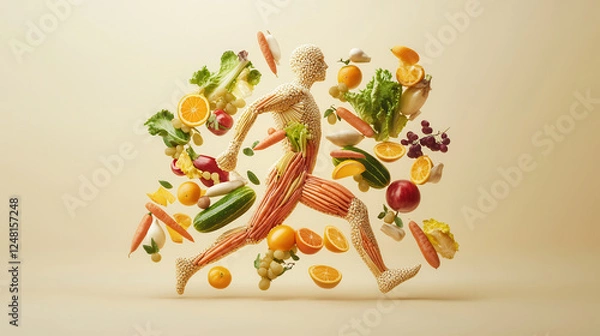 Fototapeta dynamic human figure made of fresh produce, including fruits and vegetables, showcases vibrant and healthy lifestyle