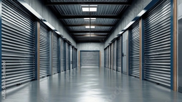 Fototapeta Endless rows of storage units in a long industrial warehouse space