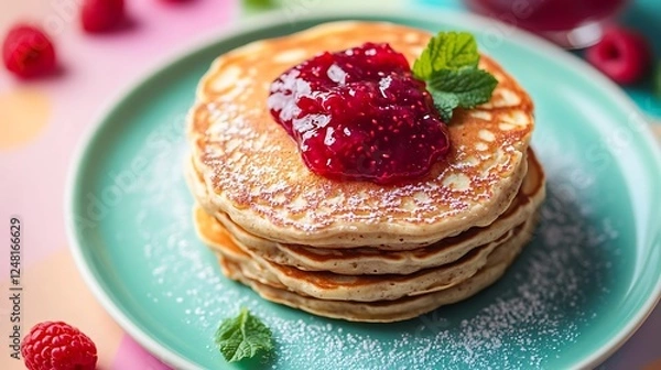 Fototapeta Healthy gluten free oatmeal egg and banana pancakes with homemade raspberry jam isolated on a colorful background