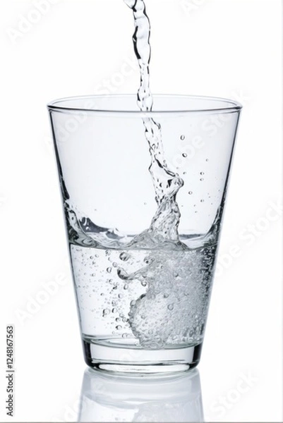 Fototapeta Water being poured into a glass. Isolated against a white background.Water being poured into a glass. Isolated against a white background.