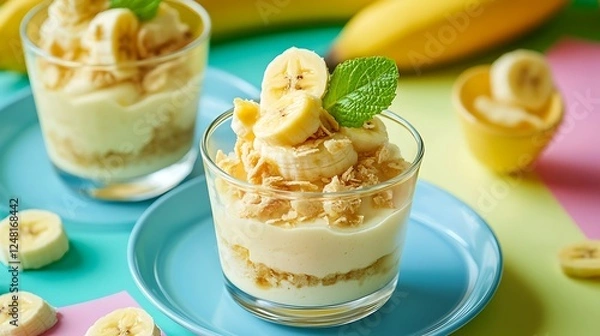 Fototapeta Homemade no bake banana pudding in individual classic dessert made with bananas isolated on a colorful background