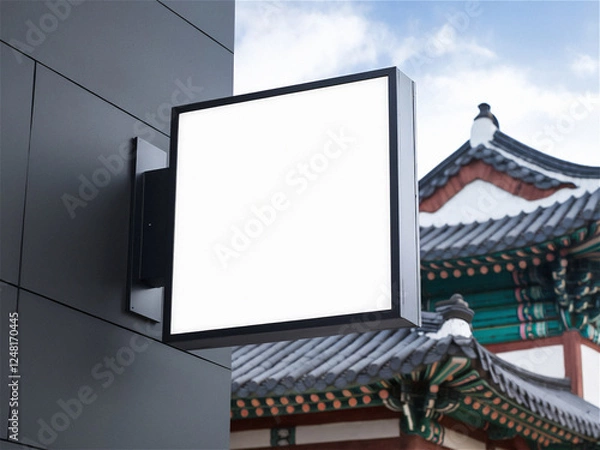 Obraz 한국의 전통 건물 한옥 배경에 돌출간판 디자인 목업