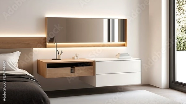 Fototapeta A modern bedroom setup featuring a sleek, minimalist dresser with a large mirror, complemented by subtle lighting and a cozy aesthetic.
