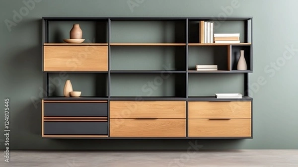 Fototapeta A modern shelving unit featuring a mix of wood and metal finishes, showcasing decorative items against a muted green wall.