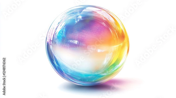 Fototapeta Soap bubble, realistic transparent air sphere of rainbow colors with reflections and highlights isolated on white background, vector illustrations