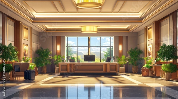 Fototapeta Cartoon hotel lobby interior design. Vector illustration of spacious hall with large window and elevator, computer monitor on reception desk, armchair, travel bags, green plants, lamps on ceiling