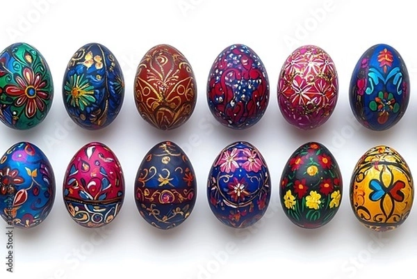 Fototapeta This captivating photograph presents an artistic Easter tableau with a collection of uniquely decorated eggs arranged in an elegant, balanced composition on a bright white backdrop. Each egg 