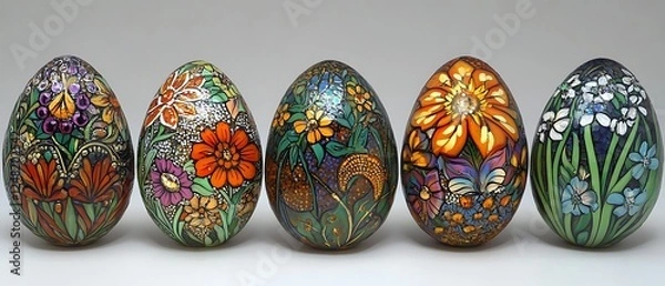 Fototapeta This high-resolution image captures an artistic Easter tableau featuring a series of uniquely decorated eggs arranged in a visually pleasing pattern on a bright white background. Each egg displays 