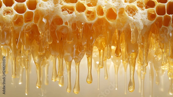 Fototapeta Honey dripping at bee honeycombs background, realistic drops texture, liquid yellow syrup splashes, glossy drip with falling droplets. Abstract backdrop or pattern, 3d vector illustration, wallpaper