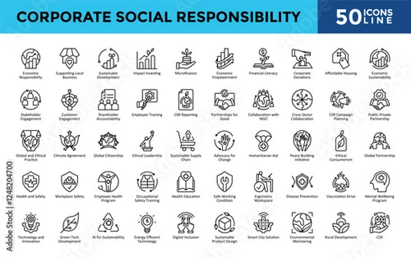 Obraz Corporate Social Responsibility icons set with economic responsibility, supporting local business, sustainable development, impact investing, microfinance icon. Simple line vector 
