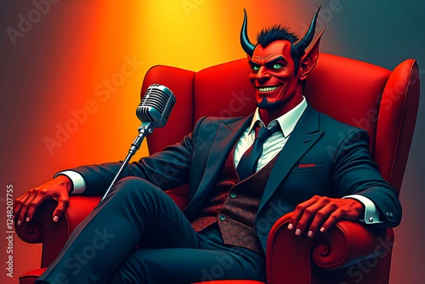 Fototapeta An elegant devil journalist blogger sits in a chair in front of a microphone and hosts a program about hellish life.