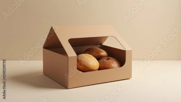 Obraz A bakery box mockup containing four assorted buns, showcasing a simple and elegant packaging design.
