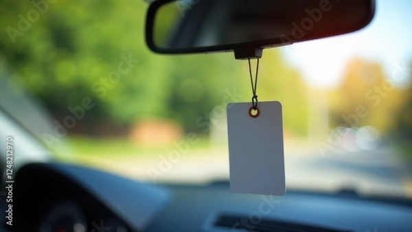 Obraz Car air freshener mockup hanging from the rearview mirror inside a vehicle, with a blurred background of greenery outside.