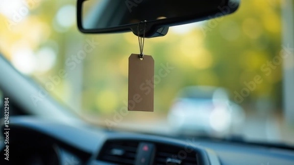 Obraz Car air freshener mockup hanging from the rearview mirror inside a vehicle with a blurred background.