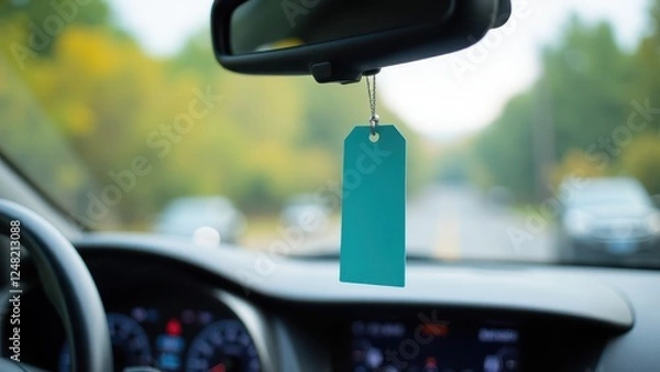 Obraz Car air freshener mockup hanging from the rearview mirror inside a vehicle.