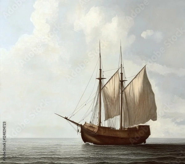 Fototapeta Classic Sailing Vessel Navigating Calm Ocean Under Cloudy Sky in Nautical Art Style Rendered Painting