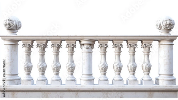 Fototapeta Marble balustrade, white balcony railing or handrails. Banister or fencing sections with decorative pillars. Panels balusters for architecture design isolated elements Realistic 3d vector illustration