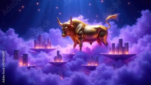 Obraz Golden Bull above the Cloudscape City.v