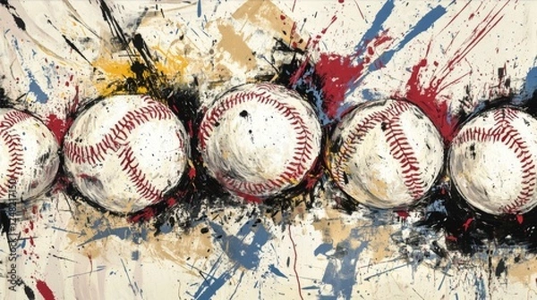 Fototapeta Five Baseball Spheres in Abstract Splatter Style Sporty Artistic Expression Background Composition