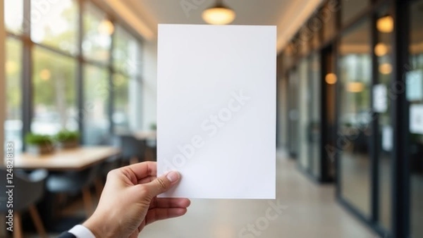 Fototapeta Hand holding a blank flyer mockup in a modern office setting with glass walls and tables in the background.