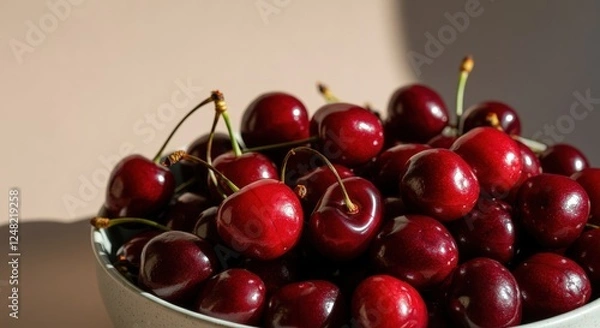 Fototapeta Fresh ripe cherries in bowl with sunlight shadows