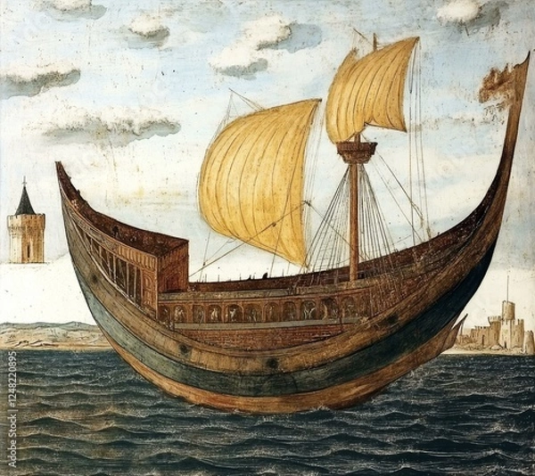 Fototapeta Sailing Ship on Water with Tower and Structures in Background Ancient Nautical Vessel Art Piece
