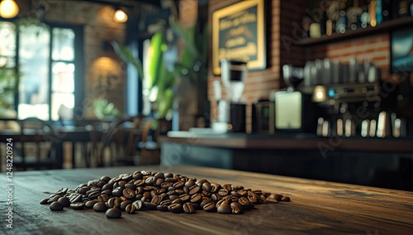 Fototapeta Pile of Fresh Coffee Beans on Rustic Wooden Table in Cozy Cafe Setting